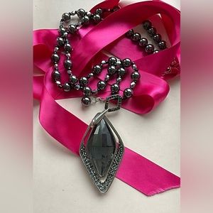 SPECIAL….Elegant Long Large Black Crystal Pendant Necklace. Onyx